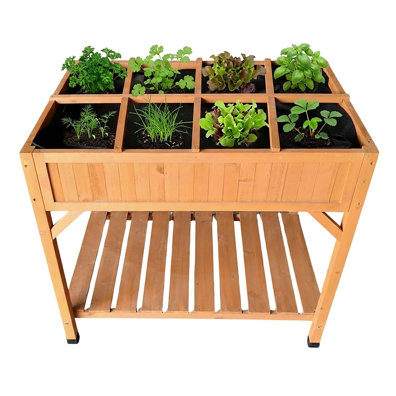 Relaxdays Raised Bed, 8 sections, shelf, HxWxD: 81.5 x 91 x 62 cm, balcony & terrace, potting table, fir, orange