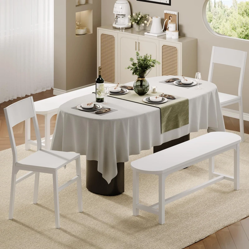 Feonase Dining Chairs Set of 4, Dining Room Chairs with 2 Ergonomic Chairs & 2 Benches, MDF Board and Metal Frame, Kitchen Chairs for Home, Apartment, or Small Space, White