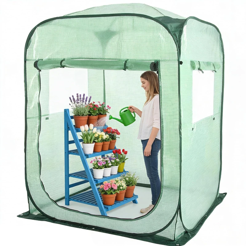 Garvee Pop-Up Garden Greenhouse, 121 x 121 x 160 cm, Walk-in Greenhouse in 130 gsm PE Netted, No Assembly with 2 Windows and Transport Bag, Mini Greenhouse for Plants and Flowers, Green - Image 1