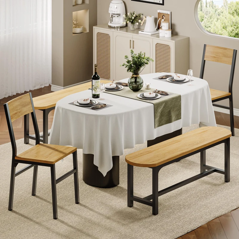 Feonase Dining Chairs Set of 4, Dining Room Chairs with 2 Ergonomic Chairs & 2 Benches, MDF Board and Metal Frame, Kitchen Chairs for Home, Apartment, or Small Space, Oak