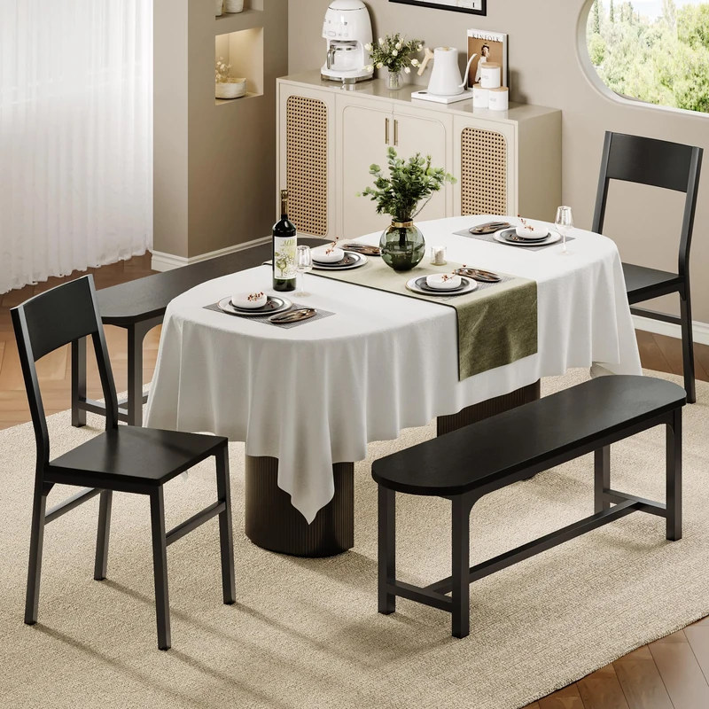 Feonase Dining Chairs Set of 4, Dining Room Chairs with 2 Ergonomic Chairs & 2 Benches, MDF Board and Metal Frame, Kitchen Chairs for Home, Apartment, or Small Space, Black