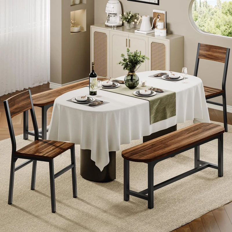 Feonase Dining Chairs Set of 4, Dining Room Chairs with 2 Ergonomic Chairs & 2 Benches, MDF Board and Metal Frame, Kitchen Chairs for Home, Apartment, or Small Space, Walnut