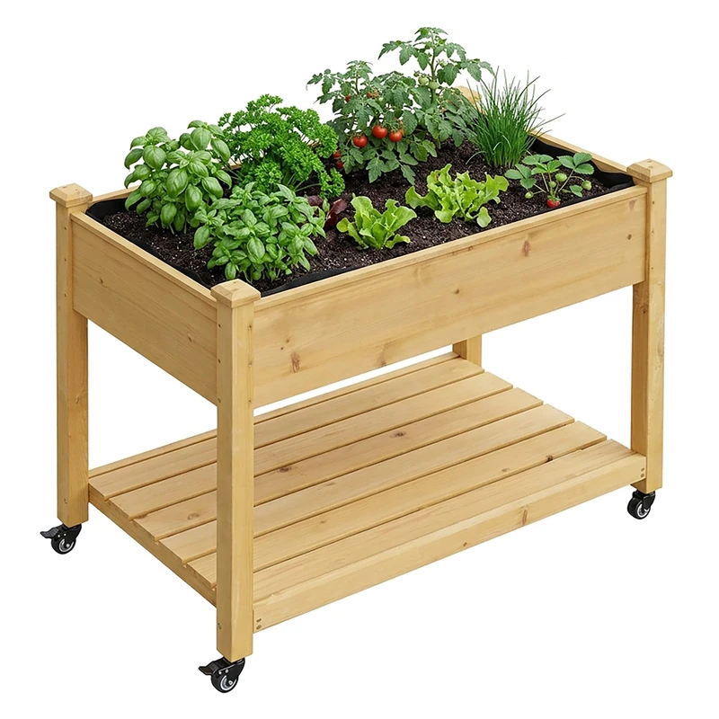 Relaxdays Raised Bed, castors, shelf, HxWxD: 84 x 105 x 56.5 cm, garden, balcony & terrace, planter, natural fir wood