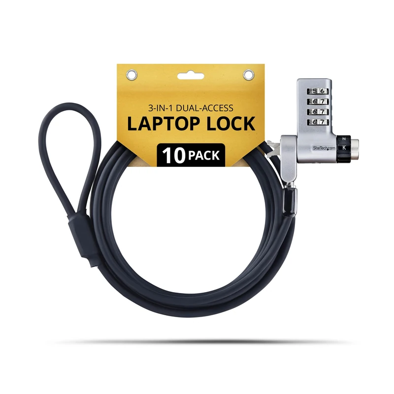 StarTech 10-Pack 3-in-1 Dual-Access Laptop Lock, 6.6ft (2m) Keyed Alike/Combination for Noble Wedge/Nano/K-Slot; TAA