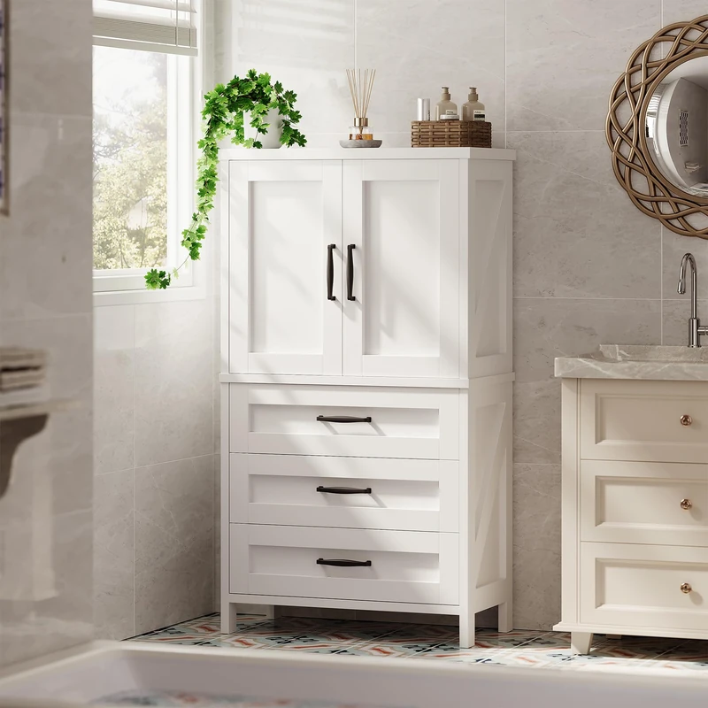 Feonase Bathroom Storage Cabinet, White, 3 Drawers with 2 Doors, Adjustable Shelf, Magnetic Close, Modern Style