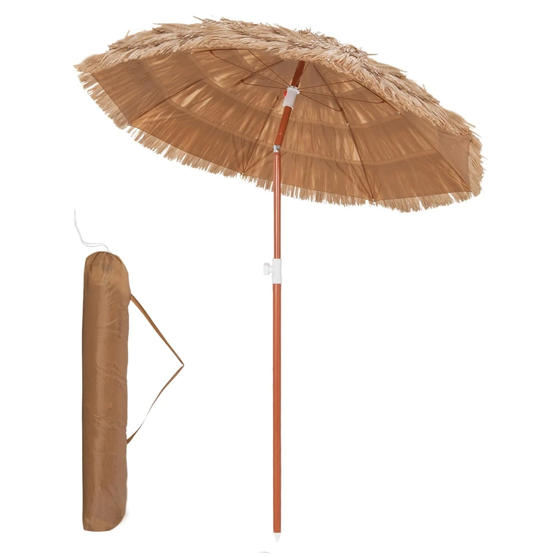 FANTASK Hawaii Parasol, UV Protection, Beach Umbrella Straw Tiltable, Straw Umbrella, Height Adjustable, Garden Umbrella with Carry Bag, Patio Umbrella for Garden, Beach, Outdoor