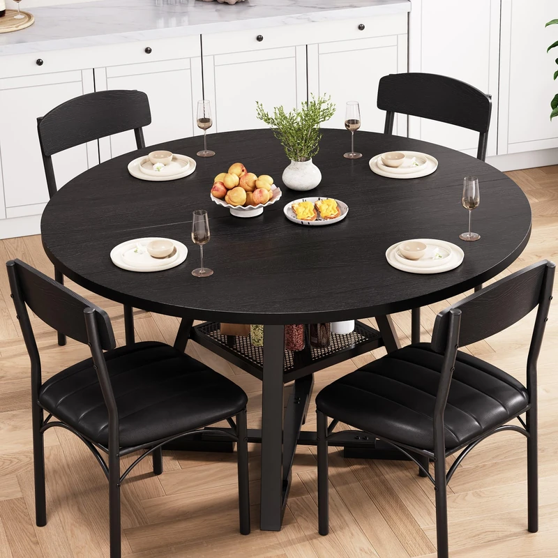Jocoevol Round Dining Table and 4 Chairs Set of 4-6, Circle Dinner Table with Shelves, Space Saving Wood Kitchen Room Furniture (Black, 47 inch)