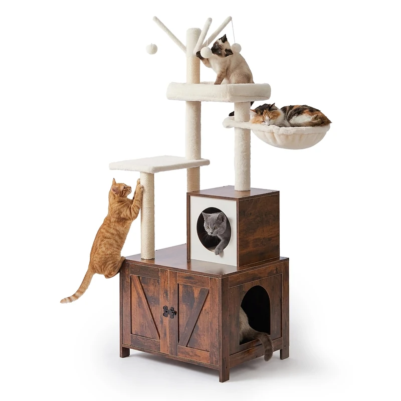 Relaxdays Cat Tree with Litter Box, HxWxD: 150 x 60 x 49 cm, Sisal Posts & Ledge, Industrial, Dark Brown/White
