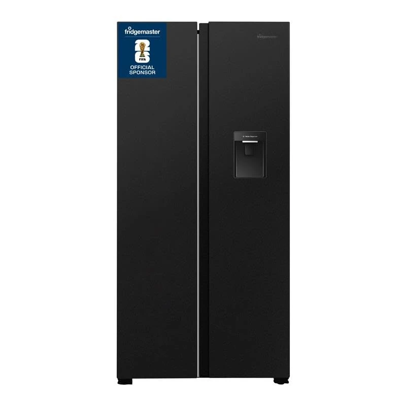 Fridgemaster American Side-by-side Door Fridge Freezer 439L Black with Water Dispenser MS83430DEB1, Total No Frost, Inverter Compressor, H177.7 cm x W83.2cm x D61cm, Energy Rating E