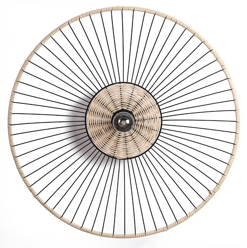 LUSSIOL - Wall lamp Round in Black Metal and Natural Rattan, Classic Chic Style, Diameter 58 cm (Diameter 58 cm) - Image 1