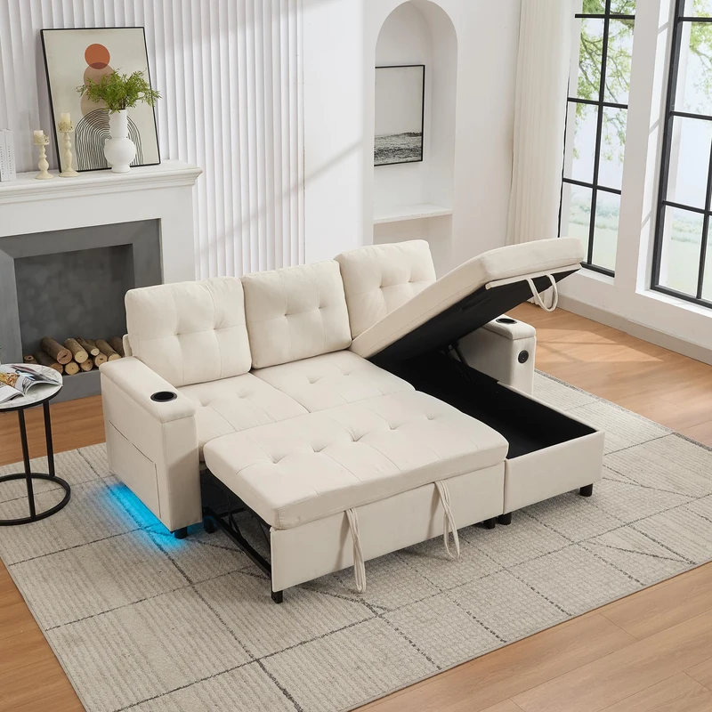 Ball & Cast Sofa Bed, L-Shaped Sleeper Sectional Couch, 3-in-1 Fabric Convertible Pull Out Sofa Bed with Adjustable Backrest, Storage, USB and Cup Holder for Living Room,Fabric,Beige