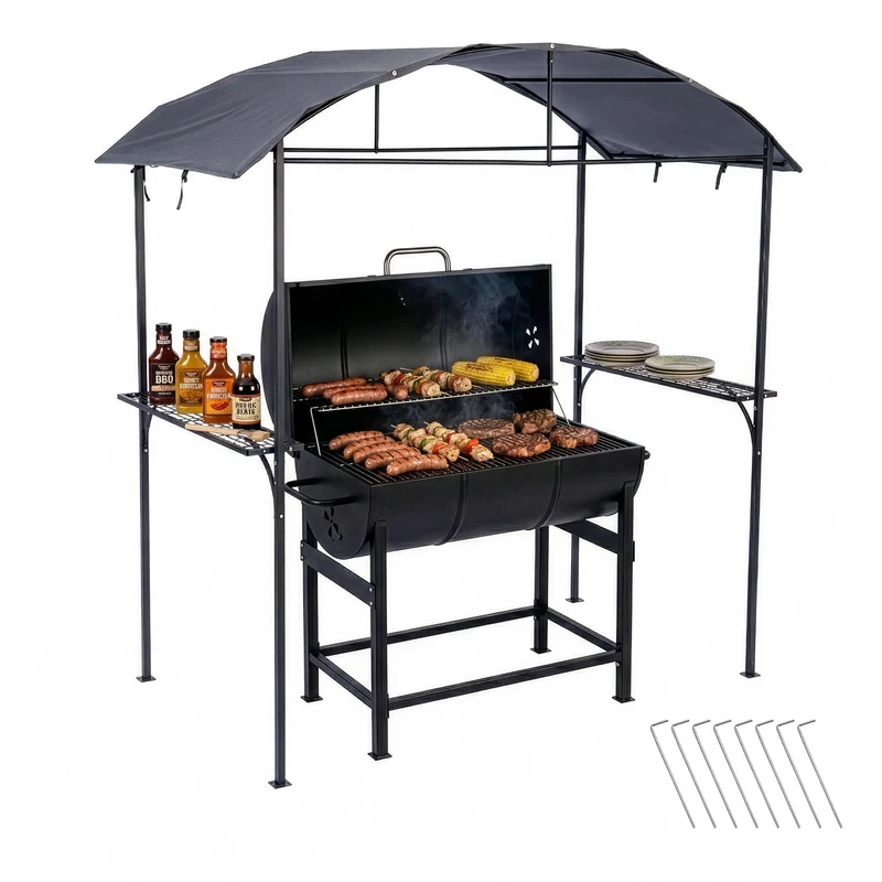 Relaxdays Barbecue Pavilion, HxWxD: 230 x 210 x 116 cm, with side shelves, steel/polyester, grill shelter, anthracite