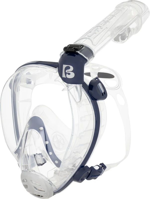Cressi since 1946 - Prince - Full Face Anti Fog Snorkeling Comfortable Mask 180° Vision - Ultra Clear Lens - CO2 Safe - 100% Silicone - Side Snorkel - Adjustable Straps_Clear/Blue Navy_M/L_Adults