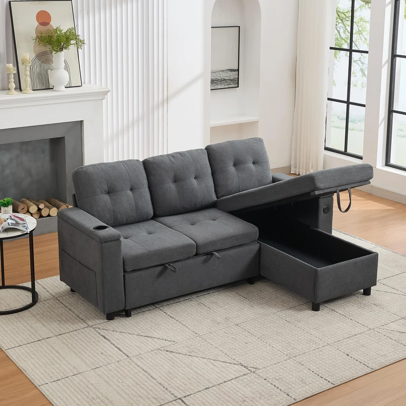 Ball & Cast Sofa Bed, L-Shaped Sleeper Sectional Couch, 3-in-1 Fabric Convertible Pull Out Sofa Bed with Adjustable Backrest, Storage, USB and Cup Holder for Living Room,Fabric,Grey