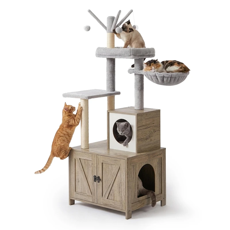 Relaxdays cat tree with litter box cabinet, 150 x 60 x 49 cm, sisal posts & bed, wood-effect, light brown/white