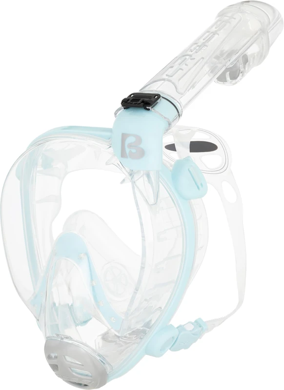 Cressi since 1946 - Prince - Full Face Anti Fog Snorkeling Comfortable Mask 180° Vision - Ultra Clear Lens - CO2 Safe - 100% Silicone - Side Snorkel - Adjustable Straps_Clear/Cyan_Junior