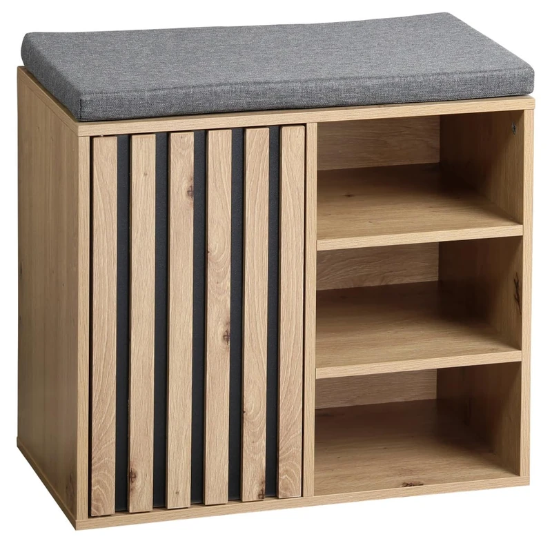 Kesper Shoe Cabinet with Seat Cushion, Material: FSC® Certified Chipboard (FSC® C014021), with Door, Variable Compartments, Colour: Sonoma Oak, Grey, Dimensions: W 51.5 x H 48 x D 29.5 cm, 15945 - Image 1