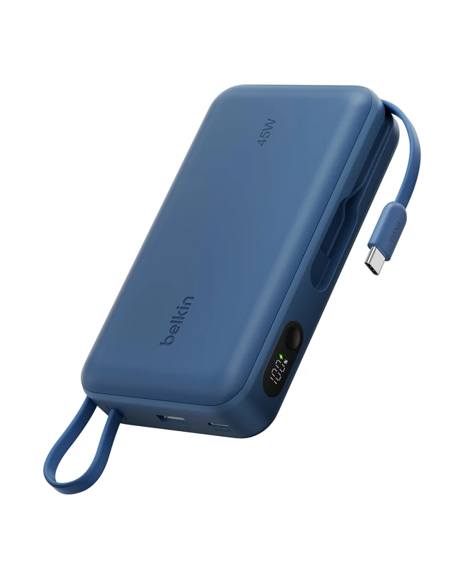 Belkin UltraCharge Power Bank 20000mAh PD 45W, Battery Pack with Integrated Cable and Digital Display, Fast Charging USB C Portable Charger for iPhone, iPad, Galaxy, Pixel, MacBook Air & More - Blue