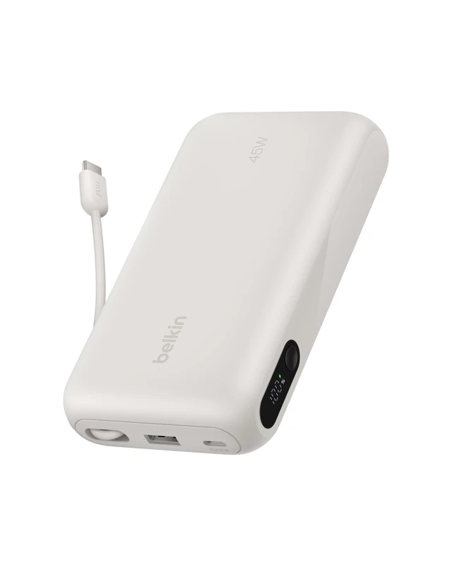 Belkin UltraCharge Power Bank 20000mAh PD 45W, Battery Pack with Integrated Cable and Digital Display, Fast Charging USB C Portable Charger for iPhone, iPad, Galaxy, Pixel, MacBook Air & More - Sand