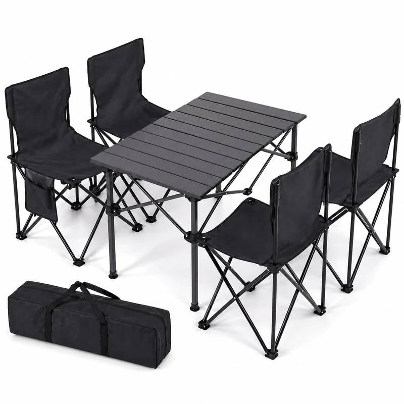 HomlyPro Folding Camping Table and Chairs, Set of 4 - Lightweight and Durable, Garden Table and Chairs with Carry Bag for Indoor & Outdoor Use, Ideal for Picnic & Garden (Black)