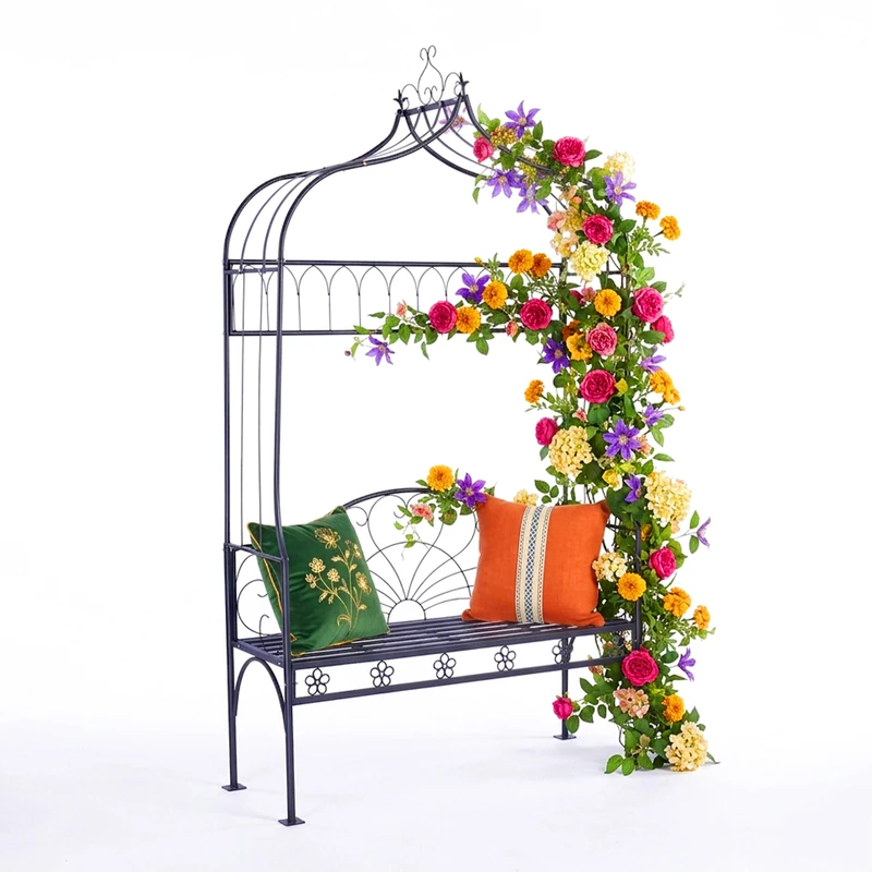 Relaxdays Rose arch with bench, metal, HxWxD: 220 x 122 x 43 cm, sturdy trellis for climbers, black