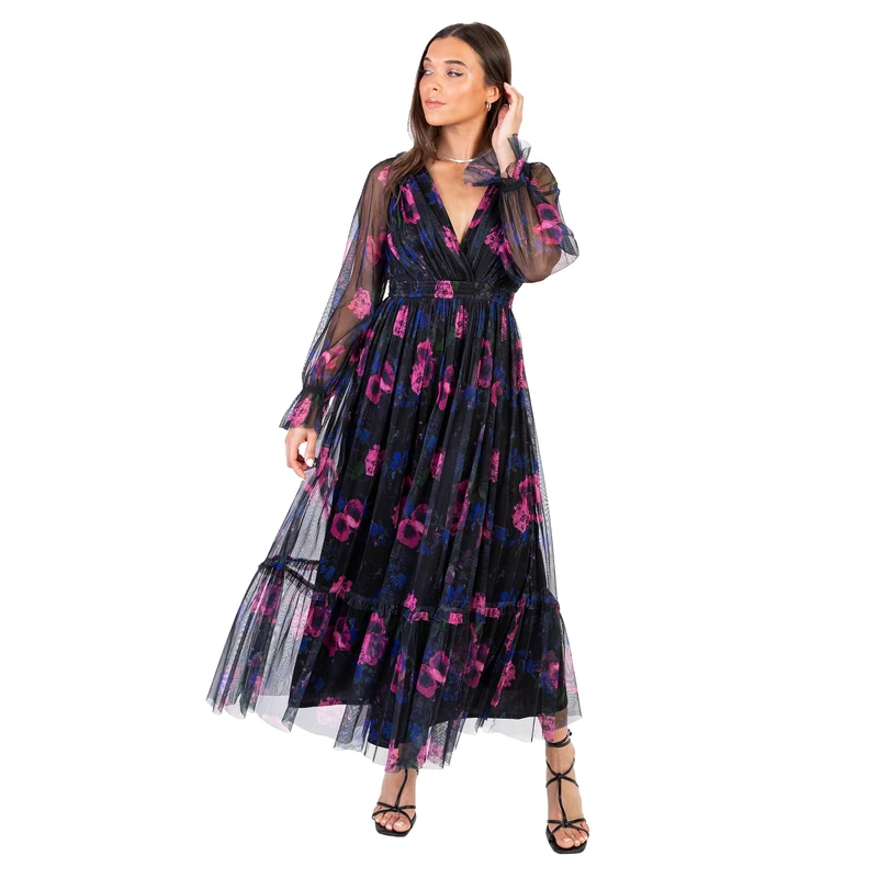 Anaya with Love Women's Midaxi Dress Ladies V-Neck Long Blouson Sleeve Floral Print Faux Wrap Tiered Bottom Hem Ruffle A-line Occasion, Multi 6