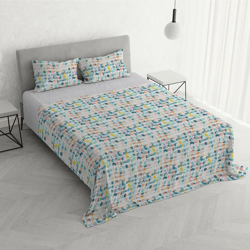 Watercolor Double Bed Set, 100% Cotton, Made in Italy – Top Sheet Set 255 x 300 cm + 2 Pillowcases 50 x 80 cm with Inner Flap – Frill in Plain Applied Colour, Digital Print – WT06
