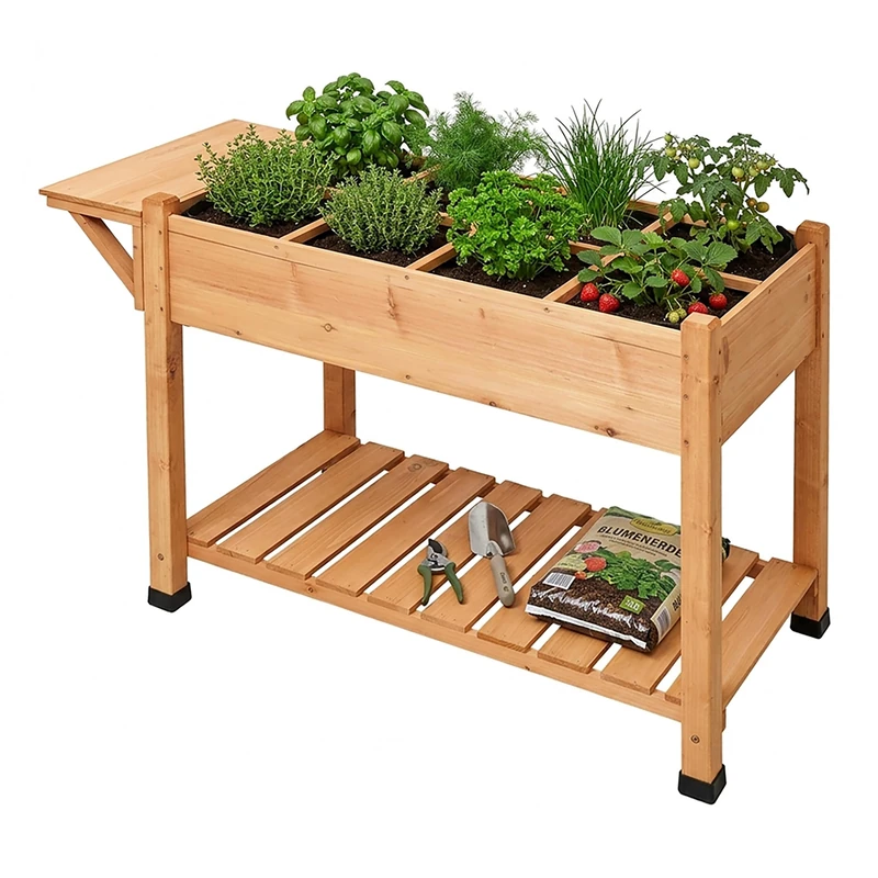 Relaxdays Raised Bed, 8 cells, 2 shelves, HxWxD 81 x 128 x 56 cm, balcony & terrace, plant table, fir wood, orange