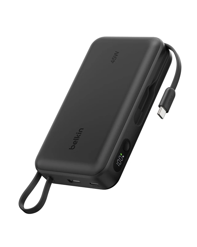 Belkin UltraCharge Power Bank 20000mAh PD 45W, Battery Pack with Integrated Cable and Digital Display, Fast Charging USB C Portable Charger for iPhone, iPad, Galaxy, Pixel, MacBook Air & More - Black - Image 1