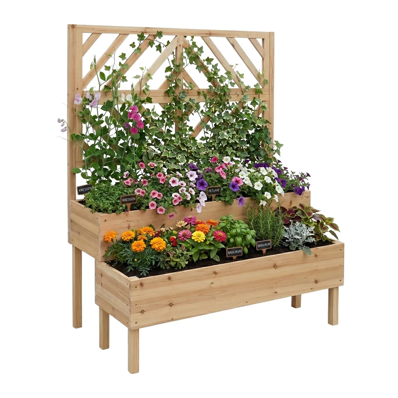 Relaxdays flower box with trellis, HxWxD: 135 x 109 x 62 cm, fir wood, 2 planters & privacy screen, raised bed, natural - Image 1
