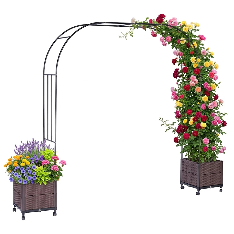 Relaxdays Rose Arch with 2 planters, HxWxD: 210 x 282 x 40 cm, metal, polyrattan, black/brown