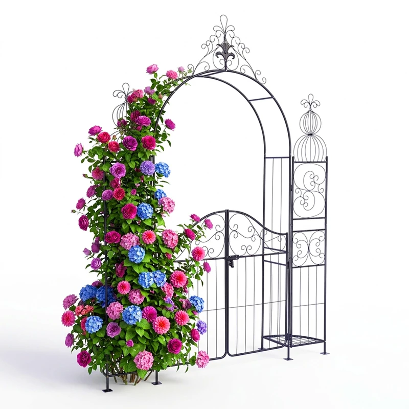 Relaxdays Rose Arch with Gate, 2 Shelves, Metal, H x W x D: 263 x 190 x 39 cm, Climbing Trellis, Black