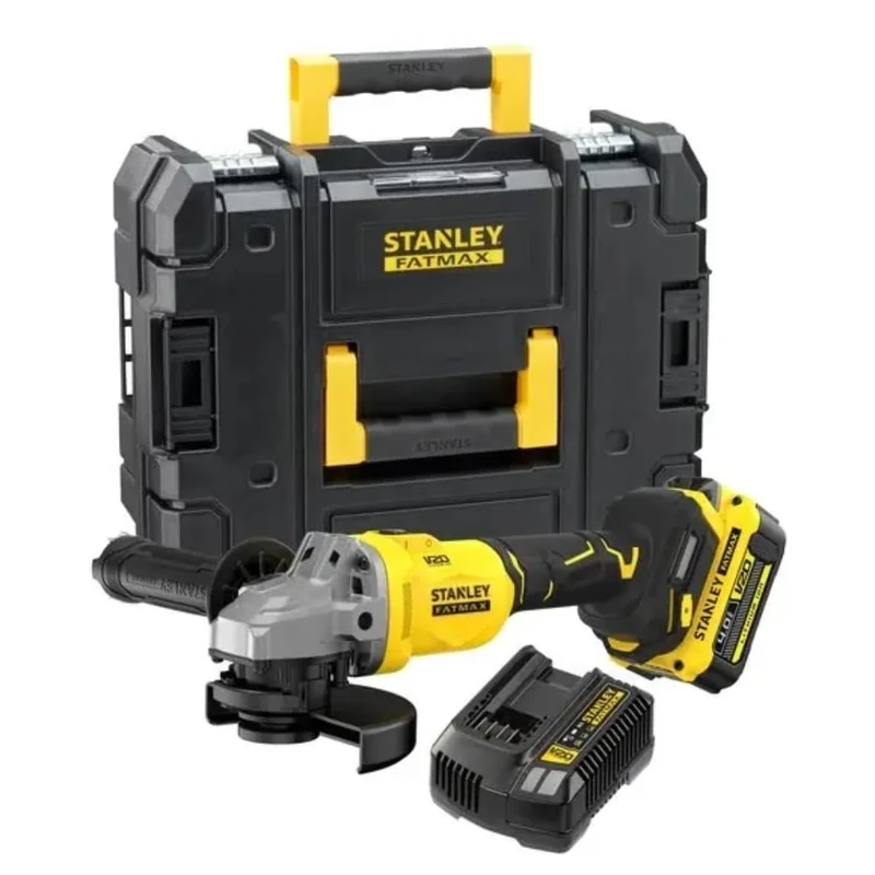 Stanley FATMAX V20 Cordless Angle Grinder Brushless 125mm Includes 4.0Ah Li-ion Battery, 2A Charger and PRO-Stack Case 18V SFMCG710M1T QW