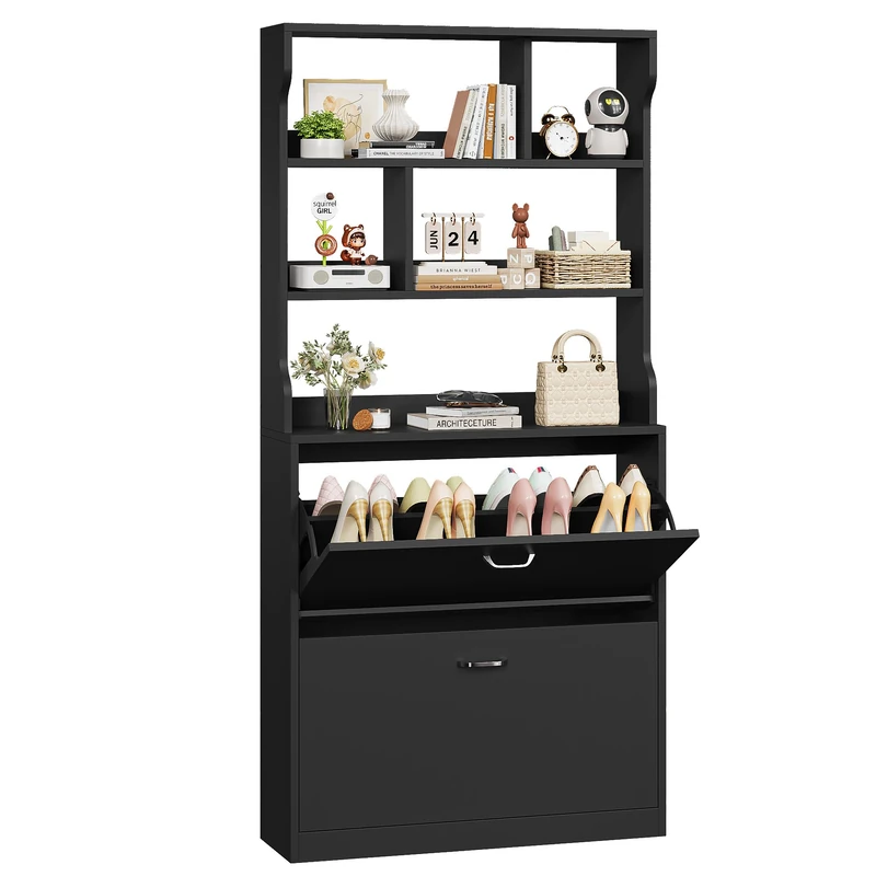 IRONCK Shoe Cabinet 2 Flip Drawers, Slim Shoe Storage Cabinet, Freestanding Shoe Rack Cabinet with 3-Tier Open Shelves, Wooden Shoe Cupboard for Hallway, Entryway, Living Room, 80x24x165CM (Black)