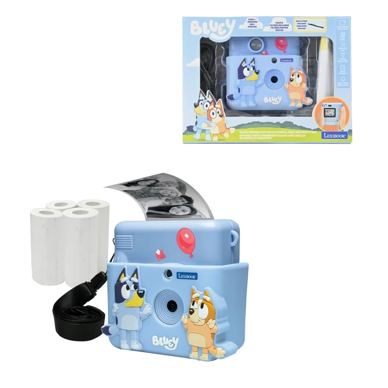 LEXIBOOK, Starcam® Print, camera pack with instant printer, SD card, 4 paper rolls, wrist strap, 3D Bluey protection, and customization kit included, Blue, DJ130BYZLXB