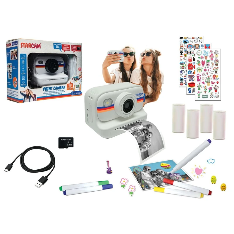 LEXIBOOK, STARCAM Print HD, Instant Print Camera, Photo, Video, Selfie, Music, Games Functions, Customization Kit and 32GB SD Card Included, White, DJ165LXB - Image 1