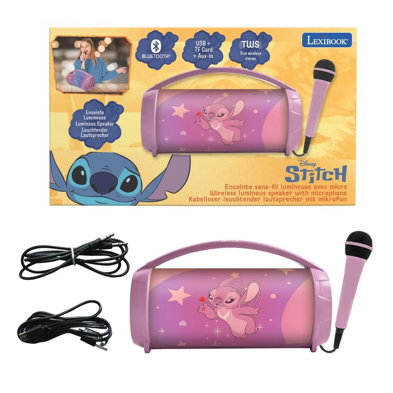 LEXIBOOK, Disney Stitch, Angel wireless light speaker with microphone, Stereo sound, Karaoke function, USB and SD card ports, Rechargeable battery, Handle to carry everywhere, Pink, BTP585D1ZLXB