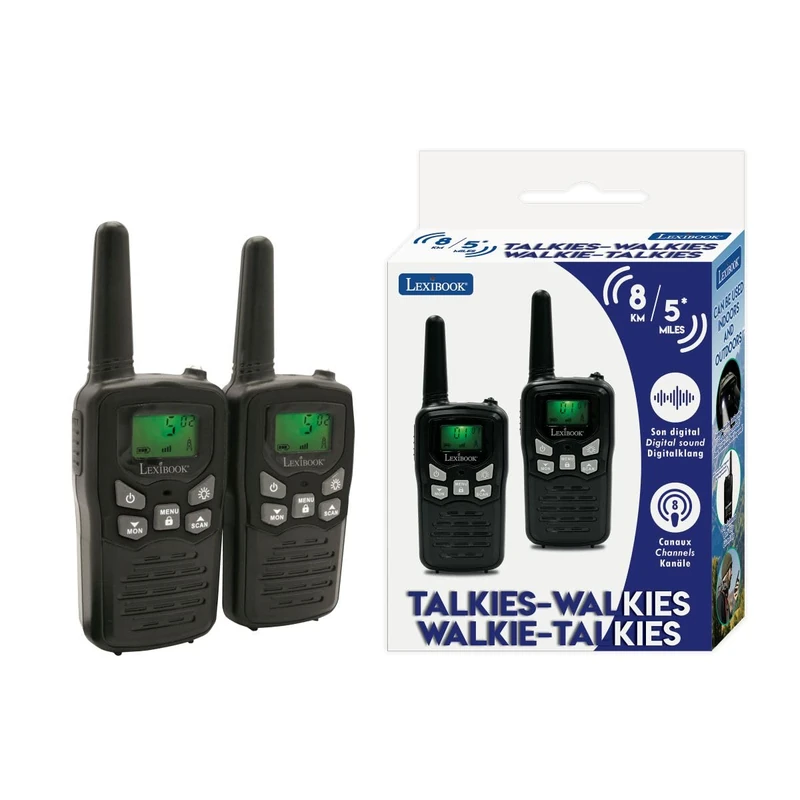 LEXIBOOK Walkie-talkies for kids, toys long range 8km / 5 miles, LCD screen, digital sound, indoor and outdoor communication game, Belt clip, Black, TW58LXB