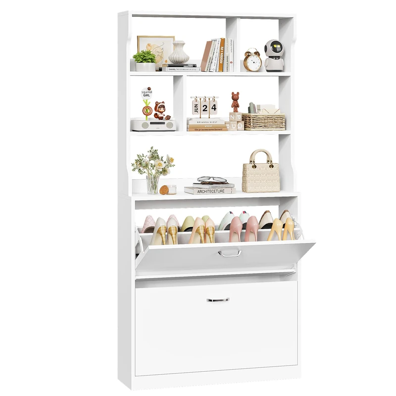 IRONCK Shoe Cabinet 2 Flip Drawers, Slim Shoe Storage Cabinet, Freestanding Shoe Rack Cabinet with 3-Tier Open Shelves, Wooden Shoe Cupboard for Hallway, Entryway, Living Room, 80x24x165CM (White)