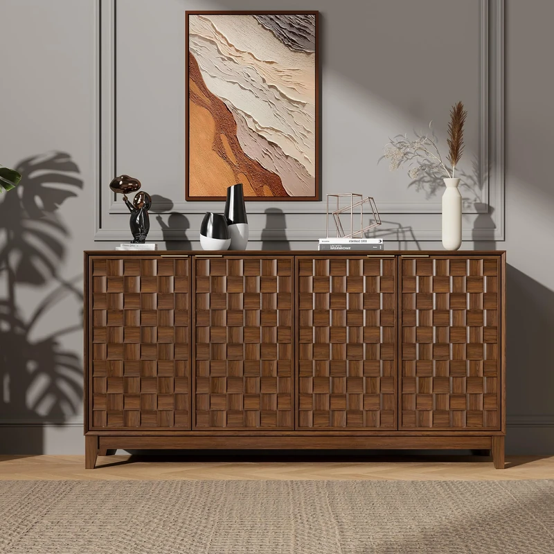 COLAMY Sideboard Cabinet, Wooden Sideboard Cabinet with 4 Doors, Textured Design, Adjustable Shelves, Soft Close Hinges, Durable Storage Cabinet Cupboard for Living Room Kitchen Hallway,Walnut
