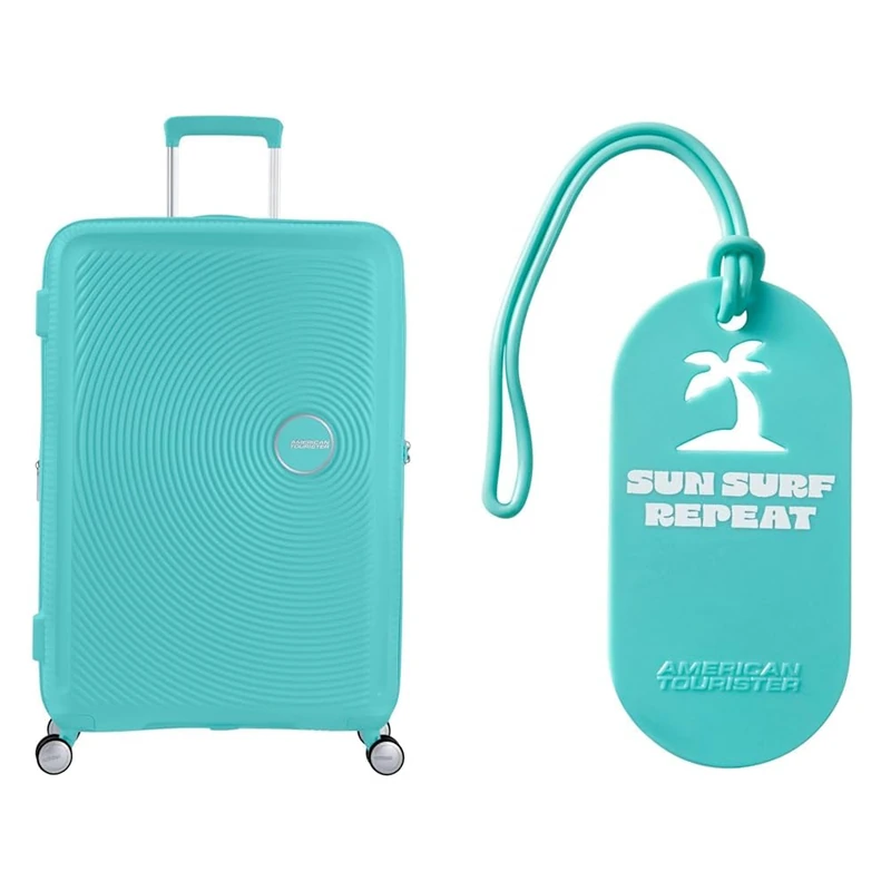 American tourister Soundbox Hard Shell Suitcase 77 cm Large Blue with Luggage Tags, Sun surf Repeat