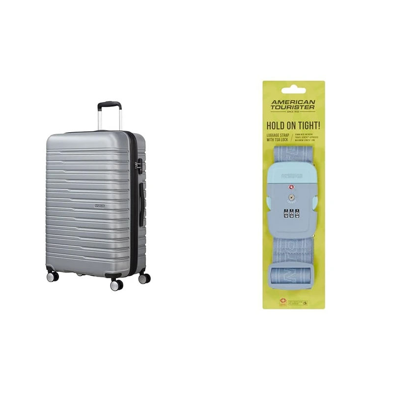 American tourister Flashline Spinner L case 78 cm Silver with Luggage Strap, Stone Blue/Blue