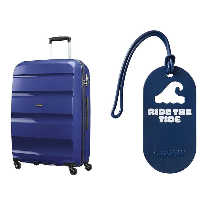 American tourister Bon AIR spinner L suitcase 75 cm blue with luggage tags, ride the tide