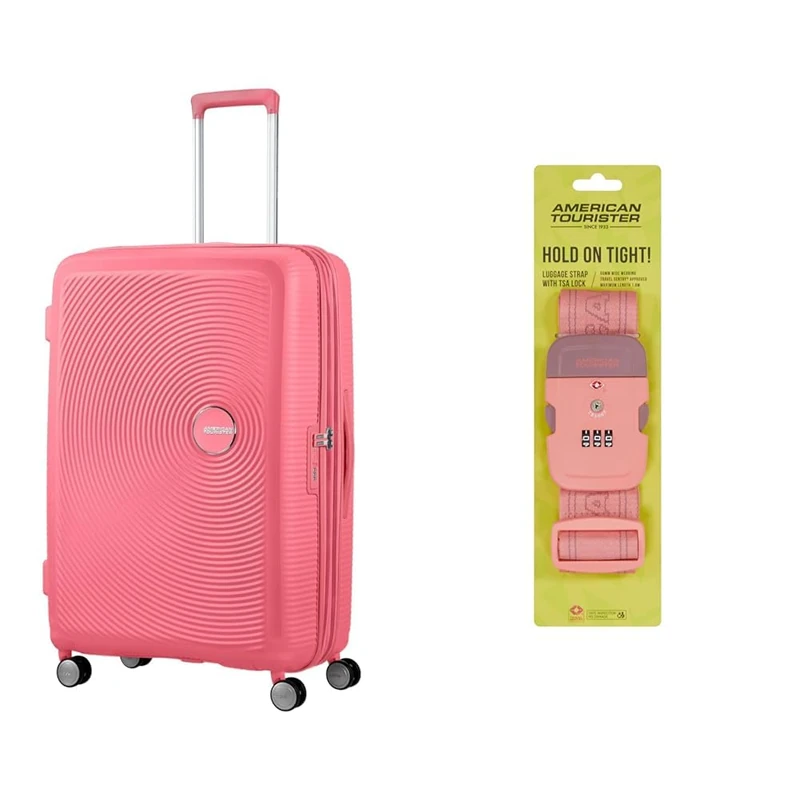 American tourister Soundbox Hard Shell Suitcase 77 cm Large Pink with Luggage Strap, Purple/Pink