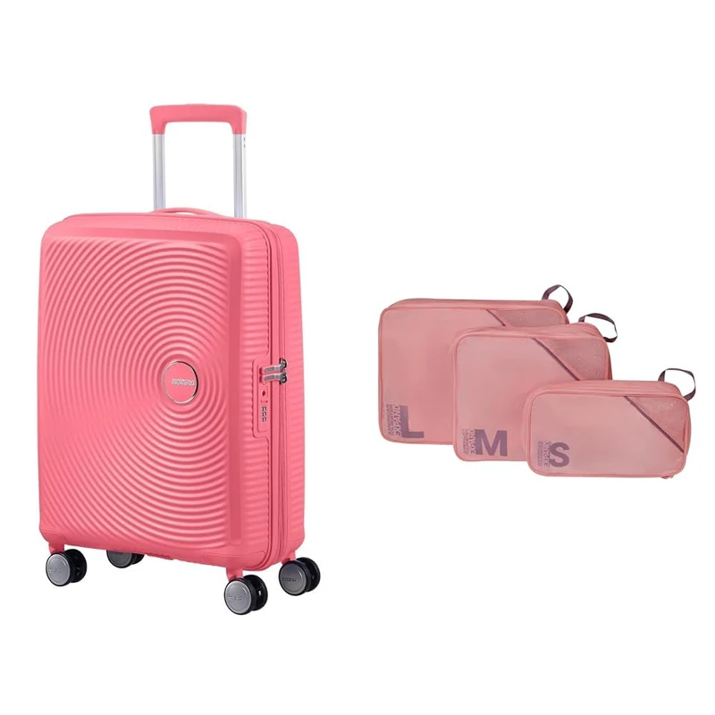 American tourister Soundbox Hand Luggage Suitcase 55 cm Pink with Packing Cube Set of 3, Purple/Pink