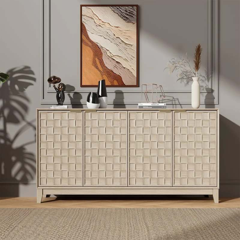 COLAMY Sideboard Cabinet, Wooden Sideboard Cabinet with 4 Doors, Textured Design, Adjustable Shelves, Soft Close Hinges, Durable Storage Cabinet Cupboard for Living Room Kitchen Hallway,Oak