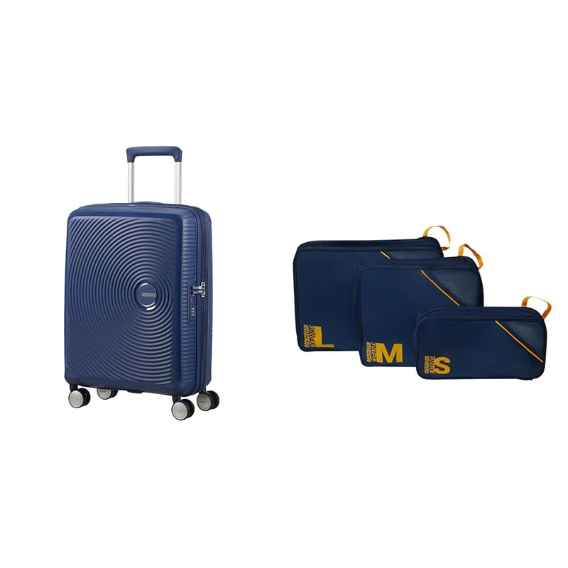 American tourister Soundbox Hand Luggage Suitcase 55 cm Blue with Packing Cube Set of 3, Dark Blue/Orange