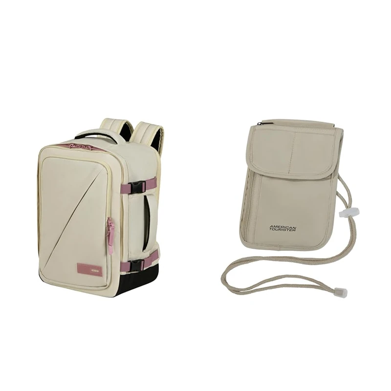 American tourister Take2Cabin cabin bag 30 x 20 x 40 cm sand/mauve with RFID neck pouch, Sand - Image 1