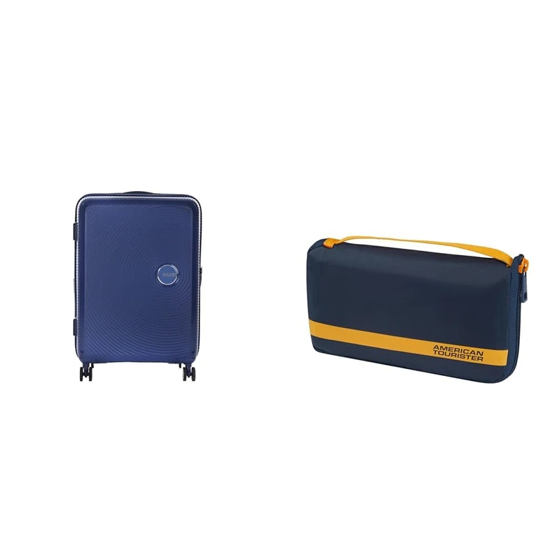 American tourister Soundbox Hard Shell Suitcase 67 cm Medium Blue with Luggage Cover M, Blue/Orange