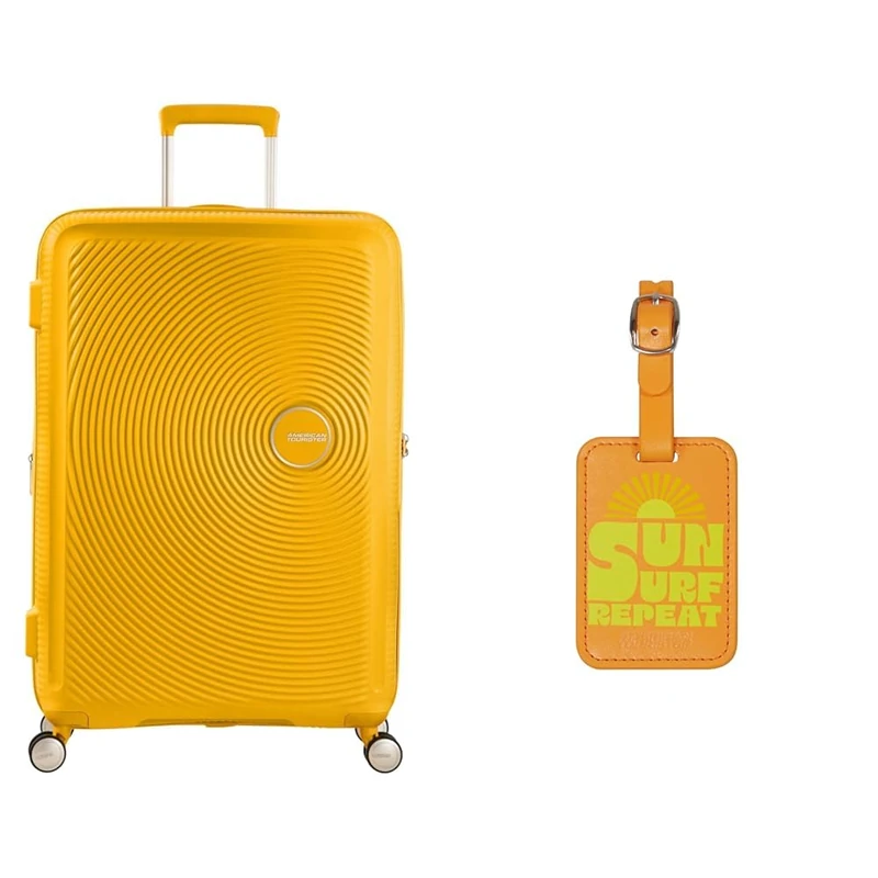 American tourister Soundbox Hand Luggage Suitcase 55 cm Yellow with Luggage Tags, Sun surf Repeat